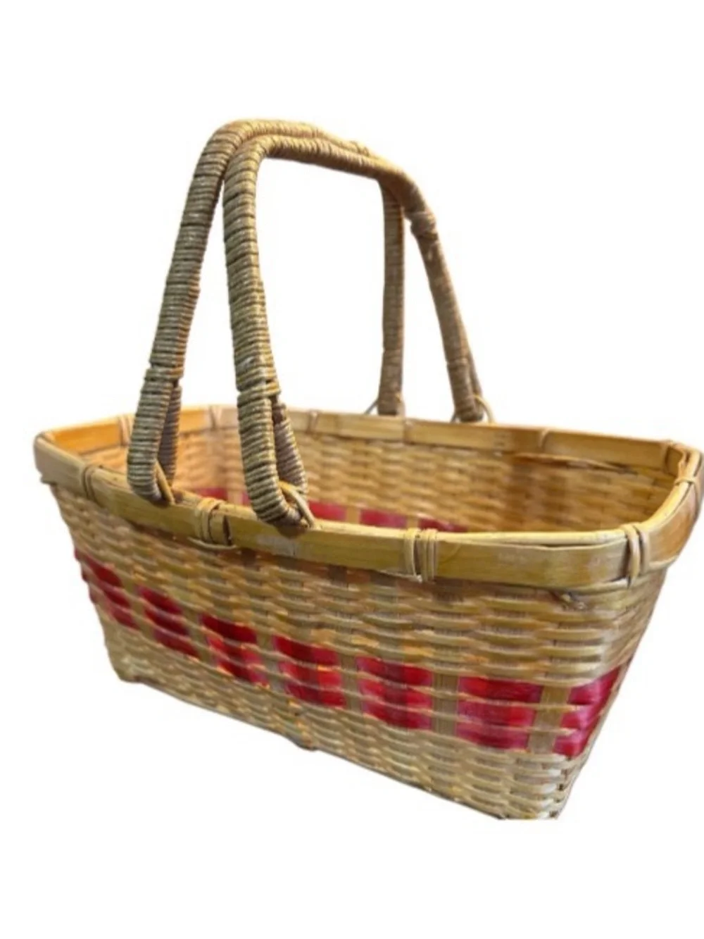 Hand Woven Wicker Basket Double Swing Handles Harvest Basket Red Accent Picnic